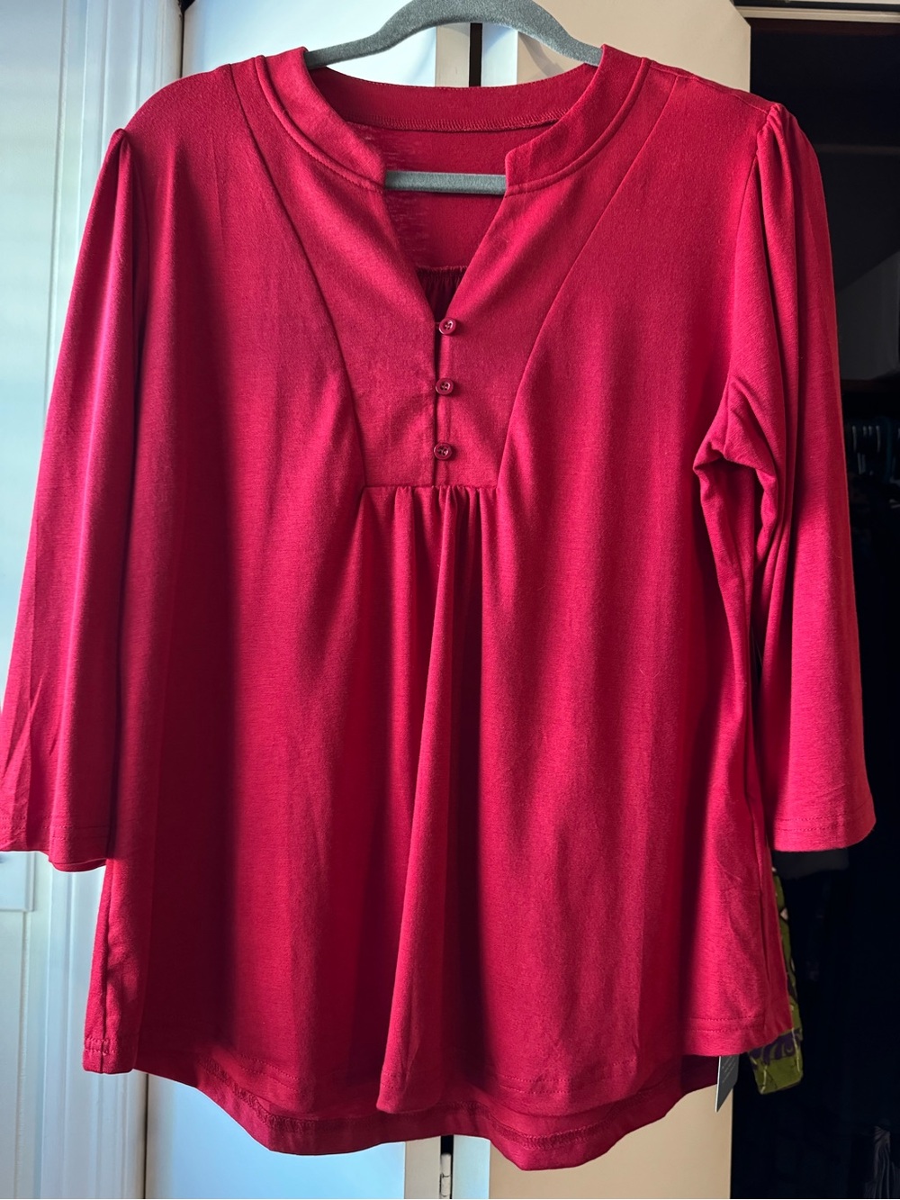 Women’s Red Split-Neck Button Tunic Top